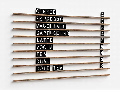 Wooden Strips Wall Decor With Coffee Tea Beverage Names And Numbers 3d model