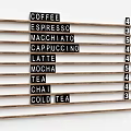 Wooden Strips Wall Decor With Coffee Tea Beverage Names And Numbers