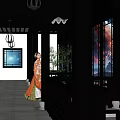 Ancient Architecture Corridor Interior With Wooden Structure Hanging Lanterns And Traditional Clothing Figure