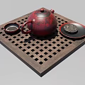 Traditional Red Teapot Tea Set with Wooden Grid Tray Plates and Tea Cake