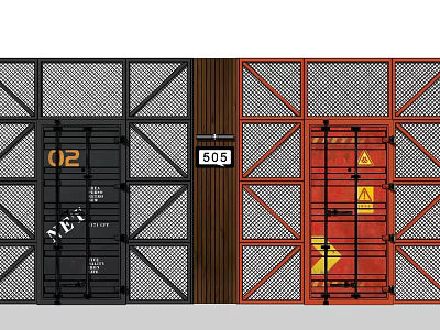 Black Red Swing Doors with Metal Grid Frame Brown Divider 02 505 Warning Sign 3d model