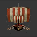 Ancient Wooden Ship with Red and White Striped Sails and Multiple Oars Curved Prow Design