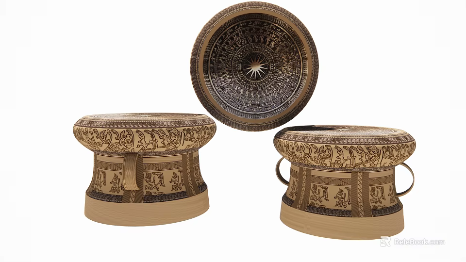 Decorative Landscape Sculptures Featuring Intricate Carved Patterns And Circular Pedestal Bases 3d model 