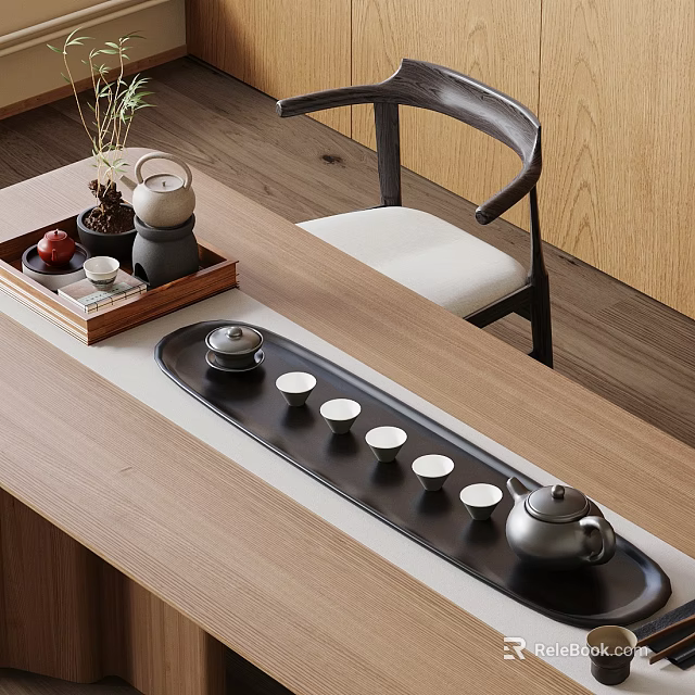 Minimalist Tea Set on Wooden Table with Tray Teacups and Plant 3d model 