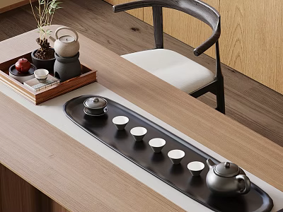 Minimalist Tea Set on Wooden Table with Tray Teacups and Plant 3d model