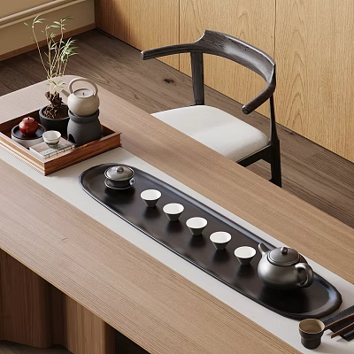 Minimalist Tea Set on Wooden Table with Tray Teacups and Plant 3d model