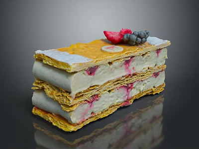 Tasty Layered Puff Pastry Dessert with Cream Filling and Fresh Strawberry Blackberry Topping 3d model