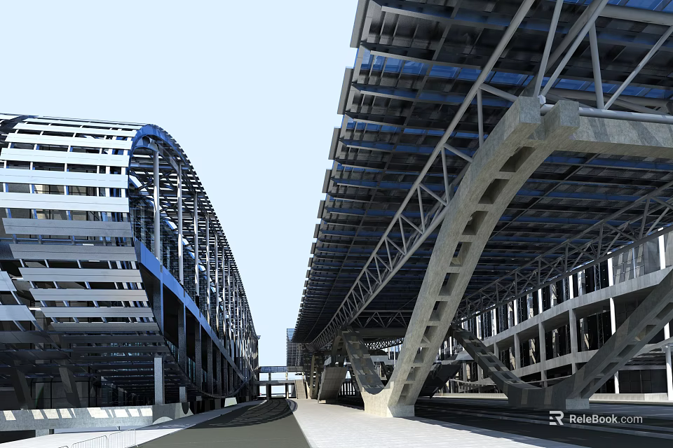 Large Scale Modern Architectural Steel Structure With Arched Framework And Open Central Path 3d model 