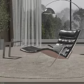 Modern Black Leather Recliner Chair with Floor Lamp Beige Rug Large Window Natural Tree View