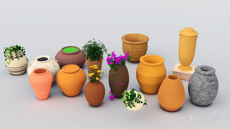 Garden Ornaments Featuring Terracotta Pots Vases Colorful Flowers And Potted Plants 3d model 