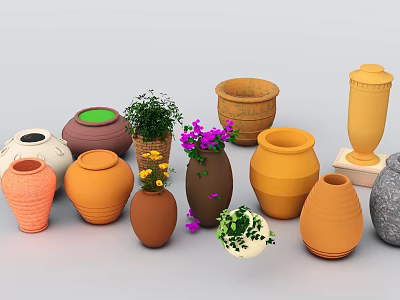 Garden Ornaments Featuring Terracotta Pots Vases Colorful Flowers And Potted Plants 3d model