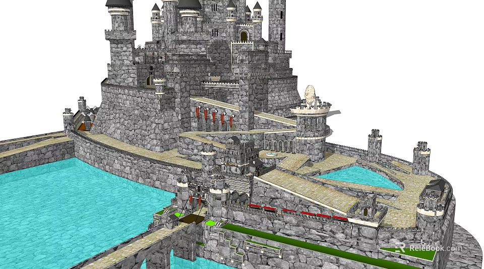 Ancient Stone Castle Architecture With Towers Moat Bridge And Courtyard 3d model 