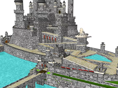 Ancient Stone Castle Architecture With Towers Moat Bridge And Courtyard 3d model