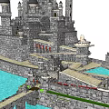 Ancient Stone Castle Architecture With Towers Moat Bridge And Courtyard