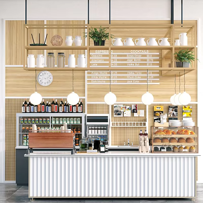 Modern Bar Counter Interior With Hanging Shelves Cups Plants Clock Pendant Lights And Beverage 3d model