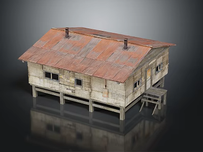 Old Wooden Stilt House Building With Rusted Roof Small Windows Wooden Walls And Wooden Stairs 3d model