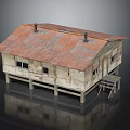 Old Wooden Stilt House Building With Rusted Roof Small Windows Wooden Walls And Wooden Stairs