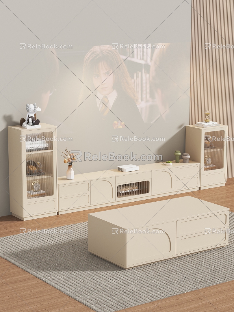 TV Cabinet Coffee Table Projector Grille Great Wall Board Ornaments Alarm Clock Changhong Glass Carpet Wood Floor Cream Living Room 3d model