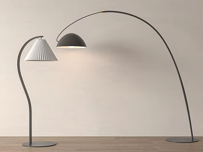 Modern Floor Lamps With White And Black Shades Curved Stand Arched Design Light Colored Wall Wooden Floor 3d model
