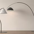 Modern Floor Lamps With White And Black Shades Curved Stand Arched Design Light Colored Wall Wooden Floor