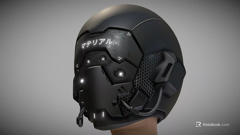 Futuristic Black Tech Helmet Featuring Material Text Lights Mesh Design And Microphone 3d model 