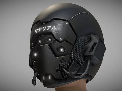 Futuristic Black Tech Helmet Featuring Material Text Lights Mesh Design And Microphone 3d model