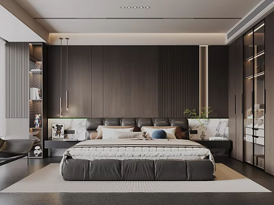 Modern Bedroom Interior Design With Dark Wooden Wall Large Bed And Nightstands 3d model