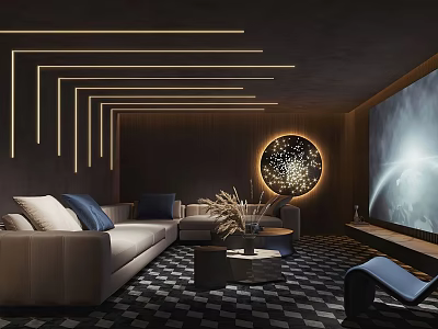 Modern Home Theater Interior With Large Projection Screen Comfortable Sofa Ambient Lighting And Circular Decor 3d model