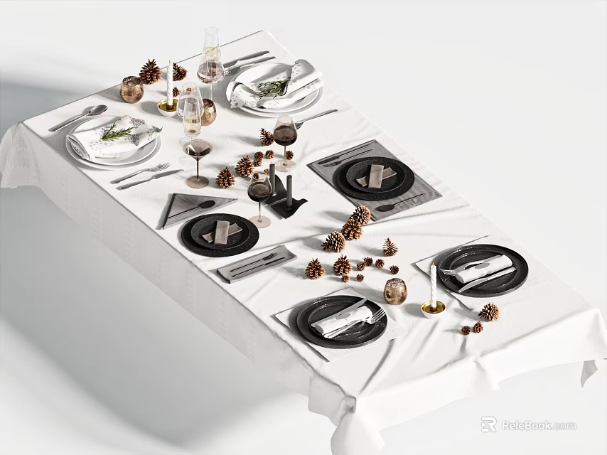 Elegant Dinnerware Set with Black Plates Wine Glasses and Pine Cone Decor on White Tablecloth 3d model 