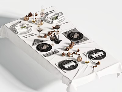 Elegant Dinnerware Set with Black Plates Wine Glasses and Pine Cone Decor on White Tablecloth 3d model