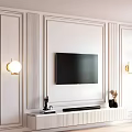 White Paneled TV Background Wall with Mounted Black TV Decorative Stand and Wall Sconces