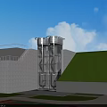 Modern Glass Elevators Against Green Lawn Blue Sky And White Clouds 3d model