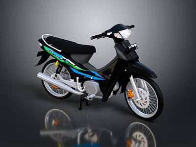 Black Motorcycle With Blue Green Stripes Black Seat Silver Wheels And Headlight 3d model
