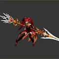 Woman in Red and Orange Outfit with Twin Ponytails Holding Flaming Weapons in Battle Stance