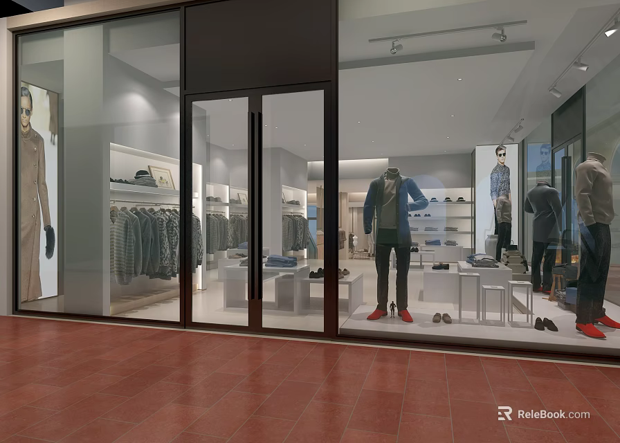 Modern Clothing Store Window Display With Mannequins Clothing Racks And Bright Lighting 3d model 
