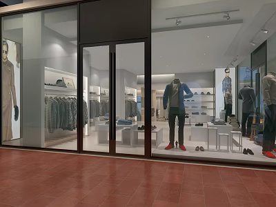 Modern Clothing Store Window Display With Mannequins Clothing Racks And Bright Lighting 3d model