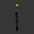 Futuristic Sci-Fi Gun With Metallic Design Shiny Barrel Scope Attachment On Reflective Surface Modern Aesthetic