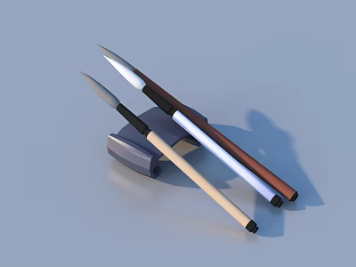 Three Stylish Pens with Wooden and Metal Handles on Light Blue Background 3d model