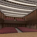 Elegant Conference Hall With Red Seats Stage Curtain And Modern Ceiling
