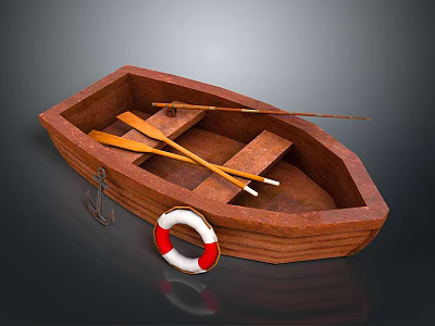 Wooden Boat Model Interior With Oars Life Ring And Anchor 3d model