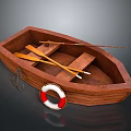 Wooden Boat Model Interior With Oars Life Ring And Anchor