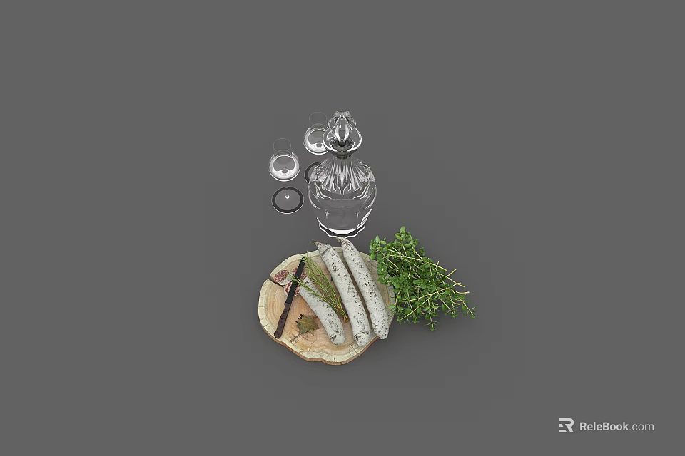 Fresh Sausages With Herbs On Wooden Plate And Glass Serving Ware 3d model 