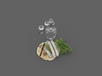 Fresh Sausages With Herbs On Wooden Plate And Glass Serving Ware 3d model