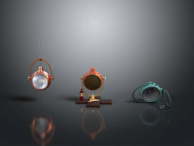 Vintage Metallic Lighting Fixtures Display With Copper Green Brown Hues Glass Elements And Dark Background 3d model