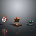 Vintage Metallic Lighting Fixtures Display With Copper Green Brown Hues Glass Elements And Dark Background