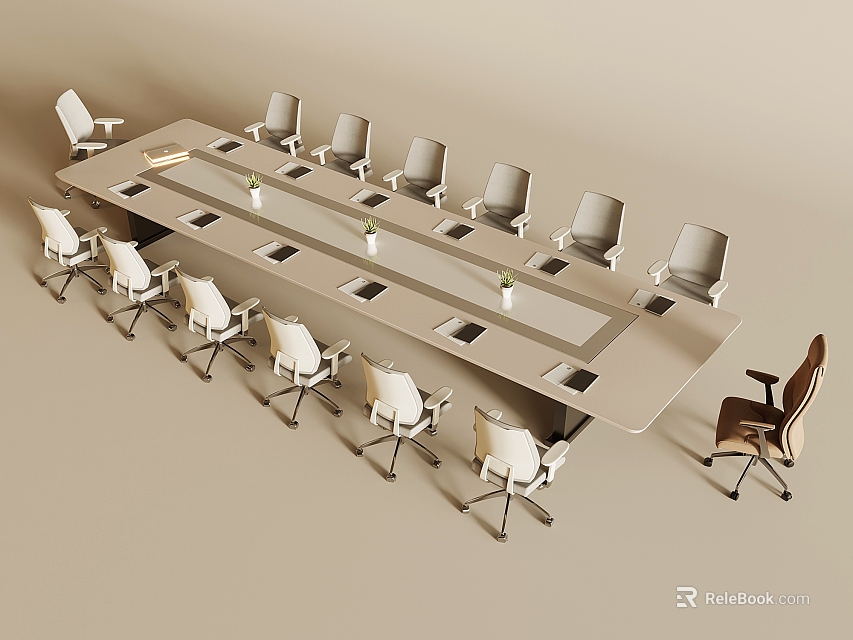 Modern Long Conference Table With Multiple Chairs And Small Vases On Tabletop 3d model 