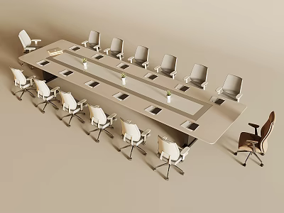 Modern Long Conference Table With Multiple Chairs And Small Vases On Tabletop 3d model