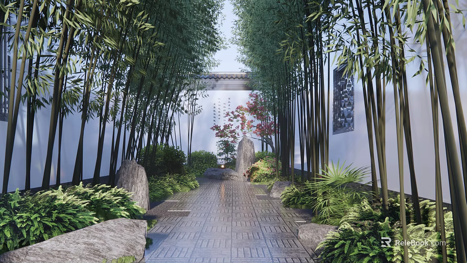 Tranquil Garden Landscape Featuring Bamboo Grove Stone Pathway Rock Formations And Green Plants 3d model 
