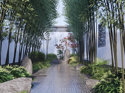 Tranquil Garden Landscape Featuring Bamboo Grove Stone Pathway Rock Formations And Green Plants 3d model