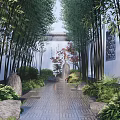 Tranquil Garden Landscape Featuring Bamboo Grove Stone Pathway Rock Formations And Green Plants